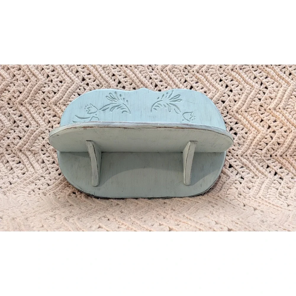 Vintage Handcrafted Light Blue Wood Wall Shelf Floral Carved Distressed 12.5in
